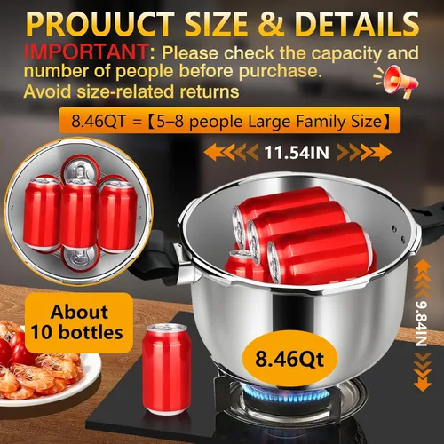 Miniatura 4 de 8.46QT - Recipiente de olla a presión de acero inoxidable, gran capacidad, resistente, cocción rápida, tapa de bloqueo seguro, para todas
