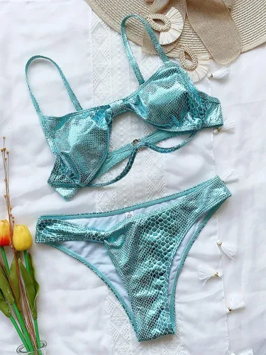 Miniatura 4 de FCYYUETY Sexy Cuello Redondo Correas Corte Alto Bandeau Bikini Piel de Serpiente Líquido Metálico Tanga Traje de baño