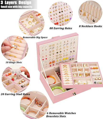 Miniatura 2 de QBestry Organizador de aretes de tuerca para niñas caja de joyería rosa para aretes collar organizador de joyas caja de aretes para mujer soporte