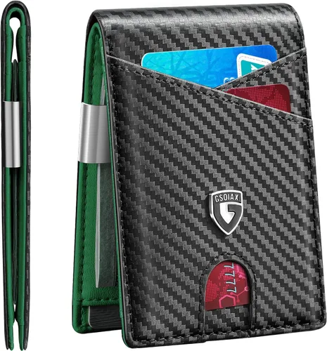 Miniatura 47 de GSOIAX Cartera delgada de cuero plegable RFID para hombre, billetera minimalista con bolsillo frontal con clip para dinero, 12 ranuras para Negro