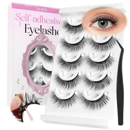 Miniatura 10 de CALAILIS Pestañas autoadhesivas, 5 pares de pestañas postizas a presión de aspecto natural, sin pegamento, reutilizables, pestañas postizas