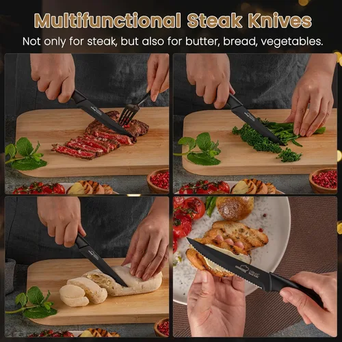 Miniatura 11 de Amorston Cuchillos para carne, juego de 8 cuchillos de carne de acero inoxidable, cuchillos dentados aptos para lavavajillas, color negro elegante