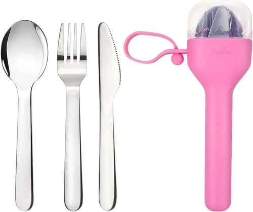 Set de cubiertos de viaje Sophico para camping y almuerzo de niños, tenedor y cuchara de acero inoxidable, juego de cubiertos de plata con estuche