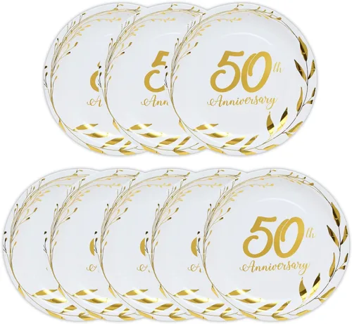 Miniatura 3 de Platos de papel de 50 aniversario – Suministros dorados para fiesta de celebración de boda, platos de postre de papel redondos desechables