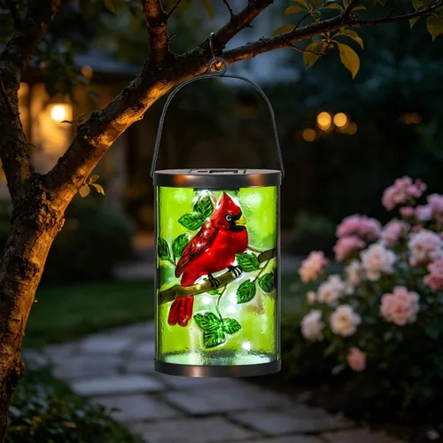 Miniatura 18 de Farol solar para exteriores, impermeable, colgante, luces solares de cristal de pájaro azul, faroles decorativos para exteriores, patio, césped