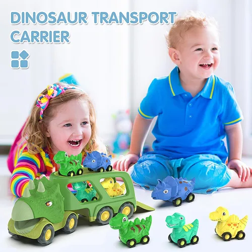 Miniatura 5 de Juguetes de dinosaurio para niños de 2 a 4 años, camión transportador de automóvil de dinosaurio con 4 autos de dinosaurio de tracción hacia atrás