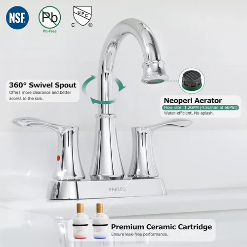 Miniatura 2 de PARLOS - Grifo de fregadero de baño de 2 manijas con boquilla giratoria y desagüe desplegable de metal y líneas de suministro para llave, cromado