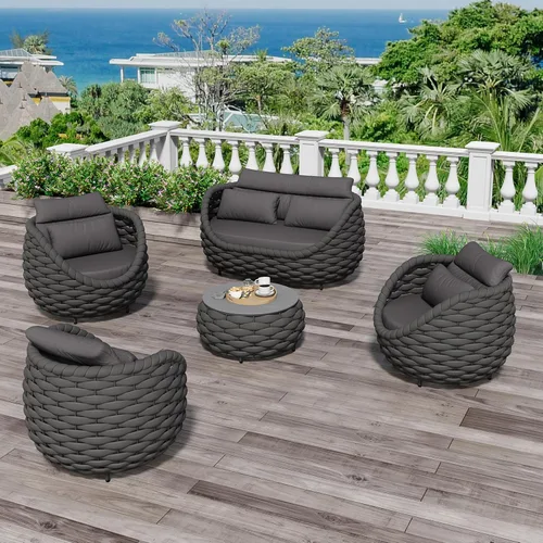 Miniatura 8 de Juego de muebles de patio de 4 piezas ensamblado, conjunto de sofá de conversación para exteriores de cuerda tejida a mano - Sofá de aluminio Cuerda