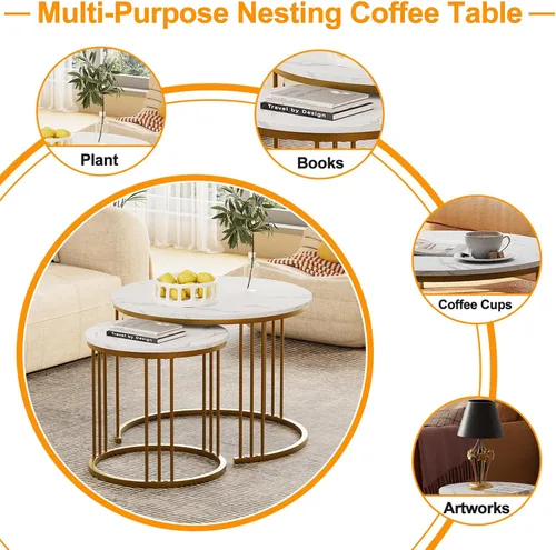 Miniatura 6 de Garden 4 you Mesa de Centro de Mármol Sintético Mesa Nido para Espacios Pequeños 2 Juegos Muebles Modernos Juegos de Sala Mesa Lateral Mesa de Noche