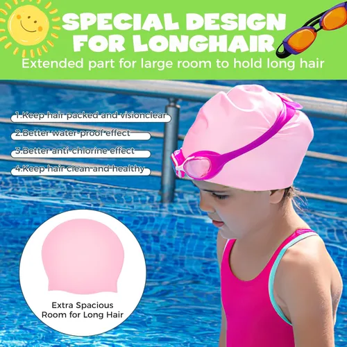 Miniatura 4 de Gorro de natación extra grande para niños, de silicona, para cabello largo/corto y trenzas/rastas, niñas y niños de 6 a 14 años