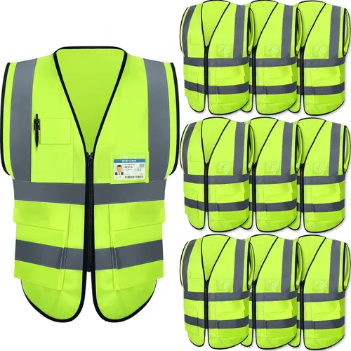Chaleco de seguridad reflectante de 10 piezas con bolsillos y cremallera de alta visibilidad para mujeres y hombres, trabajo, construcción, ciclismo