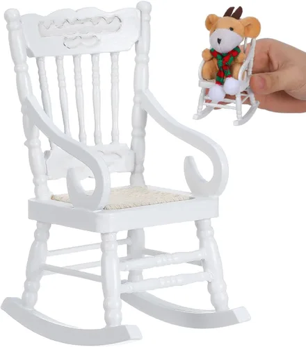 SOIMISS Mecedora de madera blanca en miniatura, asiento de cuerda de cáñamo, escala 1:12, accesorios para muebles de casa de muñecas, decoración de