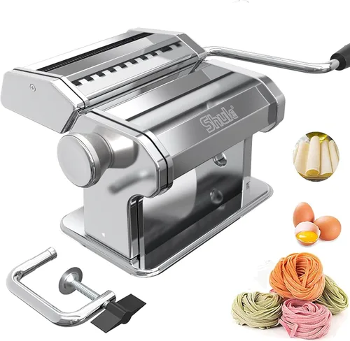 Shule Máquina para hacer pastas manuales de acero inoxidable, incluye rodillo de pasta, cortador, manivela y 7 ajustes de grosor ajustables Plateado