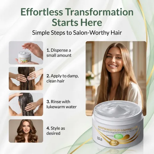Miniatura 4 de VITAMINS hair cosmetics Mascarilla capilar de queratina para cabello seco dañado, biotina, colágeno y aceite de ricino, acondicionador profundo