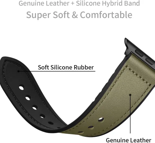 Miniatura 5 de OUHENG Correas de cuero compatibles con Apple Watch de 42mm 41mm 40mm 38mm, correa híbrida de cuero genuino y goma para iWatch Series 11 10 9 8 7 6