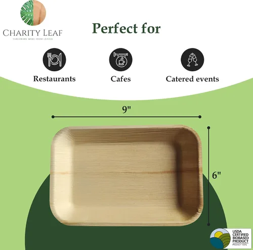 Miniatura 3 de Charity Leaf Bandejas ecológicas de hoja de palma, 9 x 6 pulgadas (paquete de 25), elegantes platos inspirados en bambú, calidad premium