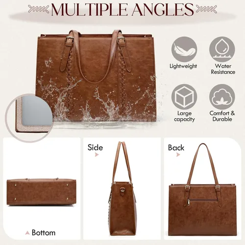 Miniatura 4 de RAINSMORE Bolsa para Laptop para Mujeres, Bolsa Tote para Laptop de 15.6 Pulgadas de Cuero PU Bolsa de Trabajo para Computadora Ligera Bolsos