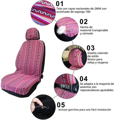 Miniatura 5 de Funda de asiento de coche rosa hippie bohemio, 4 piezas, lindos accesorios occidentales para mujeres y niñas, fundas interiores automotrices a