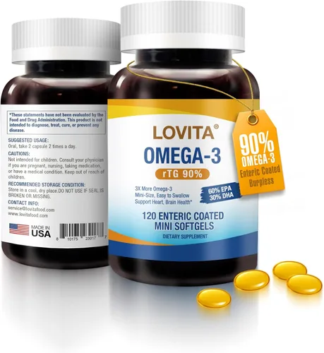LOVITA Suplemento de aceite de pescado Omega-3 de 2000 mg para hombres y mujeres, 120 mini cápsulas blandas, alta absorción rTG con EPA y DHA,