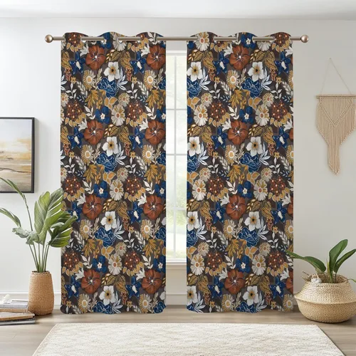 Miniatura 42 de Renaiss - Cortinas opacas florales boho, cortinas de ventana con aislamiento térmico y estampado de flores y plantas bohemias para dormitorio