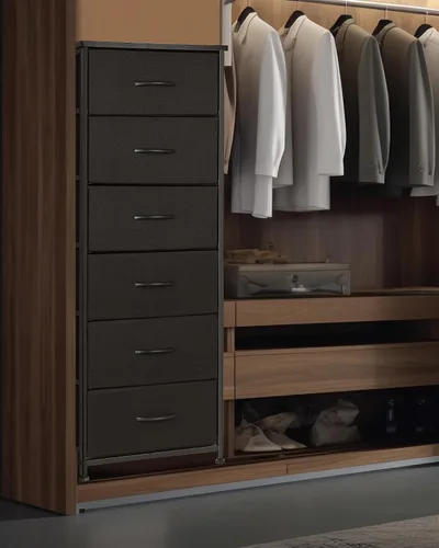 Miniatura 4 de Mifuro Cómoda alta para dormitorio con 6 cajones, torre organizadora de almacenamiento vertical, cómoda con cubos de tela, marco de acero, parte