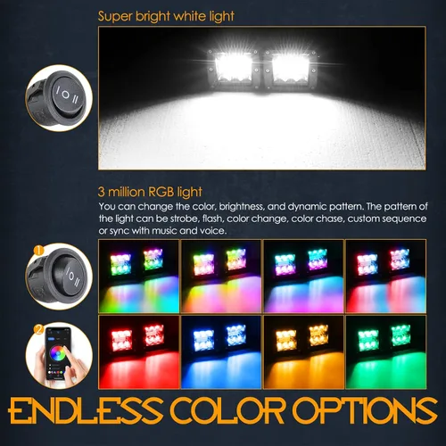 Miniatura 3 de Nirider - Cápsulas LED RGB, 2 unidades, barra de luz LED de 3 pulgadas con arnés de cableado, luces LED de cubo multicolor, Bluetooth que cambia