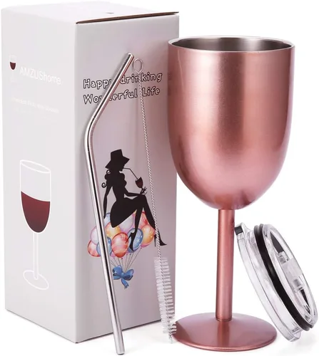 Miniatura 18 de AMZUShome Copas de vino de acero inoxidable (paquete de 2). Vaso de vino de doble pared aislado al vacío con tapa y pajita. Amistad, Navidad, Oro