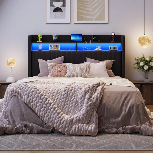 Miniatura 8 de SHA CERLIN - Estructura de cama de tamaño matrimonial con almacenamiento elevado/Luces LED/Estación de carga/Cabecero con estantes de 2 niveles/USB