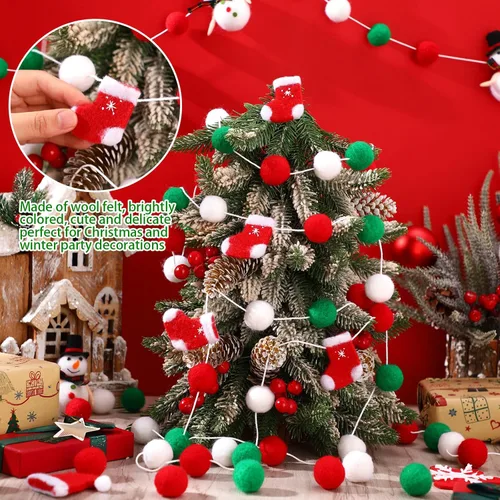 Miniatura 3 de Guirnalda de Media Navideña de Fieltro Hosuly 2.5 m Guirnalda de Pompones Rojo Blanco Verde Bandera de Pompones Decoración Colgante de Media