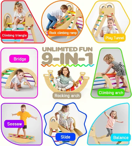 Miniatura 4 de Pikler - Juego de triángulos 9 en 1, juguete de escalada Montessori para niños pequeños, plegable de madera para interiores, gimnasio y escalador