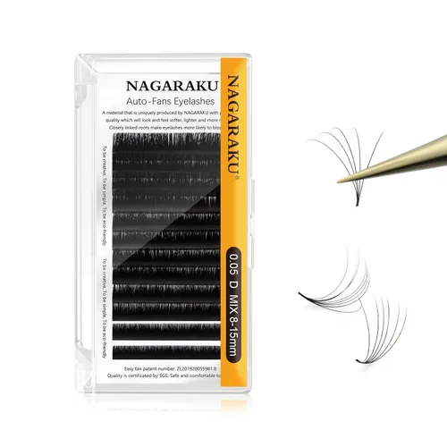 NAGARAKU Easy Fan - Extensiones de pestañas de volumen de 0.05, rizo D, 0.315-0.59 pulgadas, bandeja mixta de visón sintético de floración rápida,