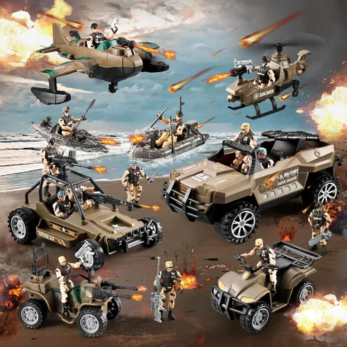 Miniatura 6 de Juguetes de Soldaditos 56 en 1 para Niños 4-7 6-8 8-12, Camión Militar/Helicóptero/Bote Kayak/Motocicleta/Figuras de Acción de Soldaditos/Equipos
