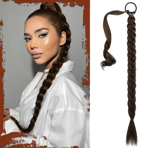 Miniatura 32 de Sofeiyan Extensión de cola de caballo de trenza larga con banda para el cabello, lacio, elegante, envolvente, extensiones de cabello trenzado, cola