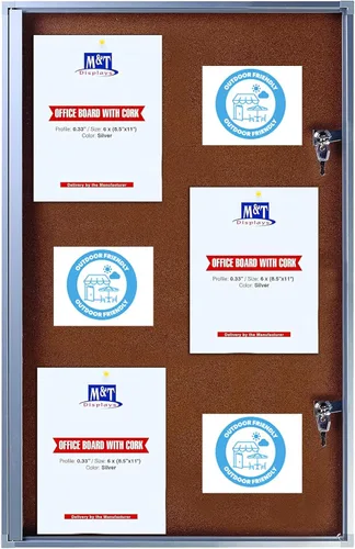 Tablero de anuncios de corcho cerrado para uso en interiores con puerta de bloqueo, 19 x 38 pulgadas, tablón de anuncios plateado, tablero de