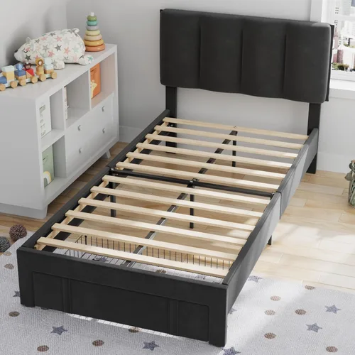 Miniatura 6 de VECELO Base de cama de tamaño individual con cajón de almacenamiento, base de cama de plataforma resistente con cabecera y fuerte soporte de Negro