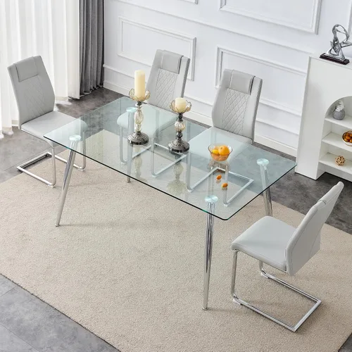 Miniatura 21 de Juego de mesa de comedor en blanco y negro de 51 pulgadas para 4, mesa de cristal minimalista moderna y 4 sillas tapizadas de piel sintética