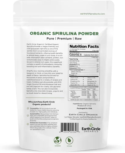 Miniatura 2 de Earth Circle Organics Espirulina en polvo, Kosher, cruda y no irradiada Proteína vegana pura Superalimento energético premium, alto