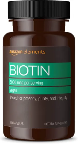 Miniatura 5 de Amazon Elements Vitamina D3, 5000 UI, 180 cápsulas blandas, suministro para 6 meses y biotina 5000 mcg, vegano, 130 cápsulas