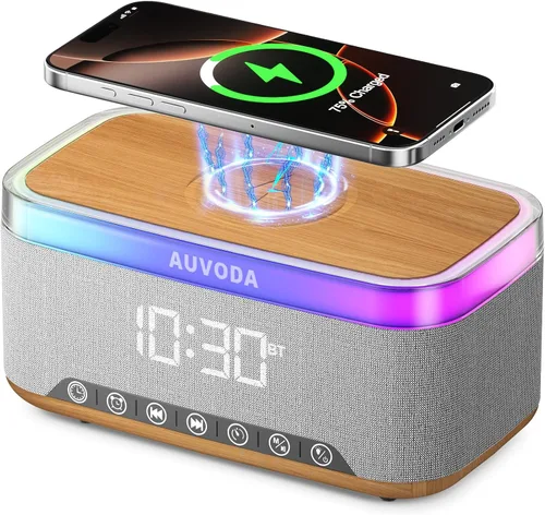 Miniatura 11 de Altavoz Bluetooth S300, altavoz portátil inalámbrico con carga inalámbrica de 15 W, luz nocturna de 13 colores, alarma, estéreo de 16 W, TWS, BT5.3