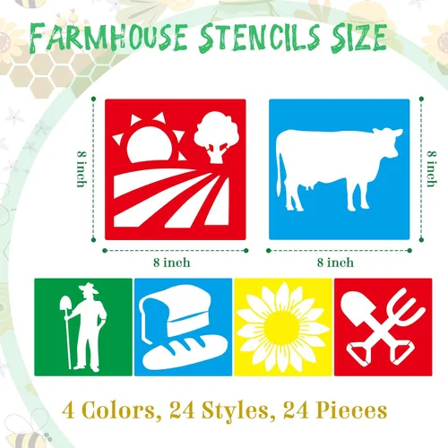 Miniatura 2 de 24 piezas de conjunto de plantillas de tema de granja 20,3 x 20,3 cm plantillas de dibujo y pintura de plástico plantillas de animales casa