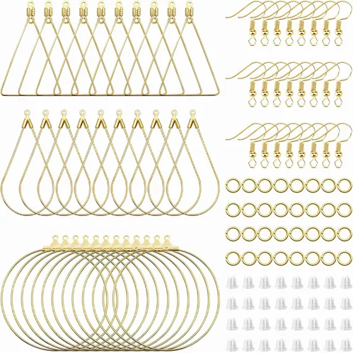 Miniatura 11 de Juego de 96 aretes de aro con cuentas para hacer joyas, aretes triangulares, lágrimas, redondos, con 200 ganchos para aretes, aros y alambres