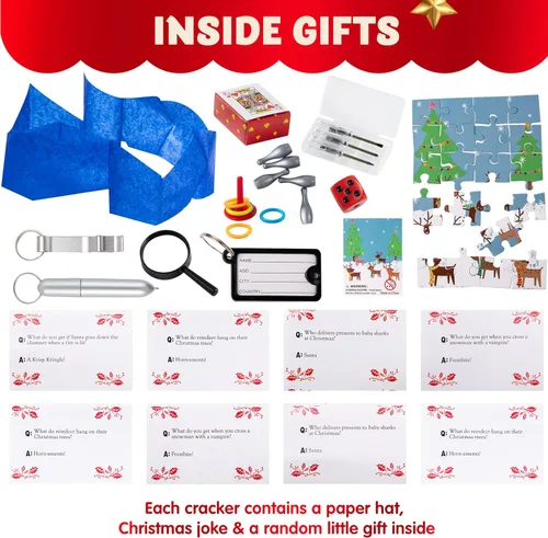 Miniatura 3 de JOYIN 8 piezas de recuerdo de fiesta de Navidad sin broches de presión, color rojo, azul y verde, incluye sombrero de fiesta, chistes y regalos
