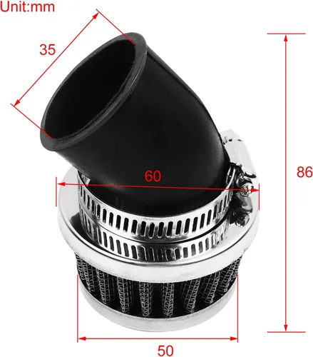 Miniatura 2 de Limpiador de filtro de aire de 1.378 in, cuello curvado en ángulo de 45 grados para 50 cc, 70 cc, 90 cc, 110 cc, 125 cc, PZ19, PZ20, Z50, Cb100