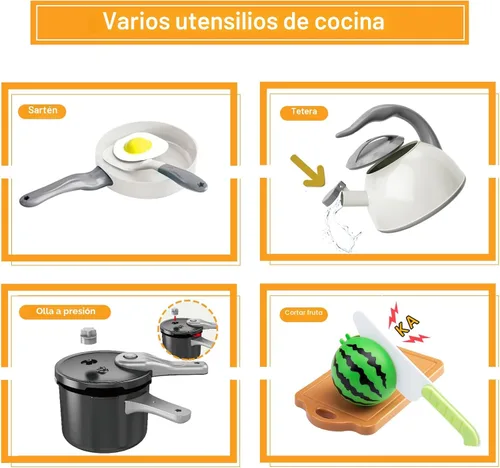 Miniatura 4 de Juego de cocina de 130 piezas, ollas de juego de cocina para niños, sartenes, utensilios de cocina, alimentos diarios, frutas y verduras, cesta
