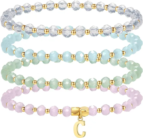 Miniatura 10 de IEFWELL Pulseras con iniciales para niñas y niños – Juego de 4 pulseras de cristal rosa/azul/blanco/verde, pulsera elástica para niños, joyería