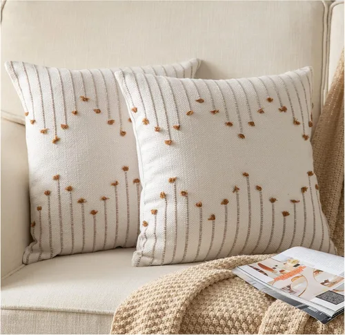 Miniatura 23 de Caflife Fundas de almohada boho de 18 x 18 pulgadas, juego de 2 almohadas decorativas para cama, fundas de almohada beige con línea negra para sofá