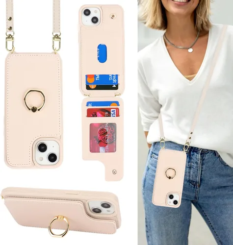 Miniatura 18 de Lipvina Funda para iPhone 14 Plus con tarjetero y correa para mujer, cordón cruzado, bloqueo RFID, soporte de anillo de soporte, cierre a presión