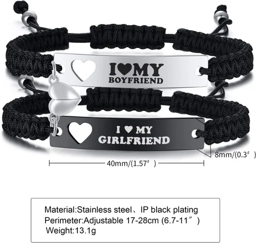 Miniatura 6 de Pulseras de corazón a juego para parejas, ajustables, trenzadas, con texto en inglés "I Love My Boyfriend Girl", pulseras de larga distancia
