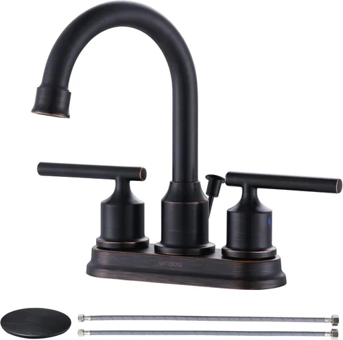 Miniatura 12 de WOWOW Grifo de baño de 2 manijas de bronce aceitado grifo de lavabo de baño de 3 agujeros con drenaje emergente y mangueras de suministro grifo
