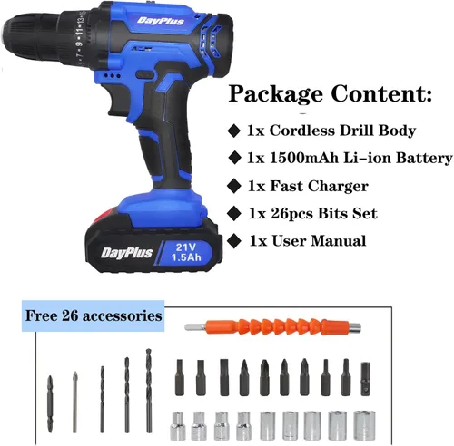Miniatura 7 de Taladro combinado inalámbrico con batería, destornillador eléctrico inalámbrico con 2 iones de litio de 21 V 1500 mAh, velocidad variable, ajuste